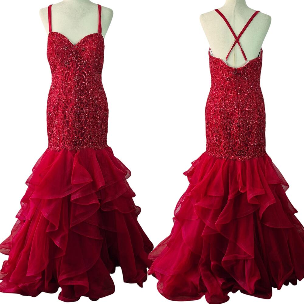 Sherri Hill Red Beaded Bling Mermaid Formal Prom Event Gown Dress Women's 12